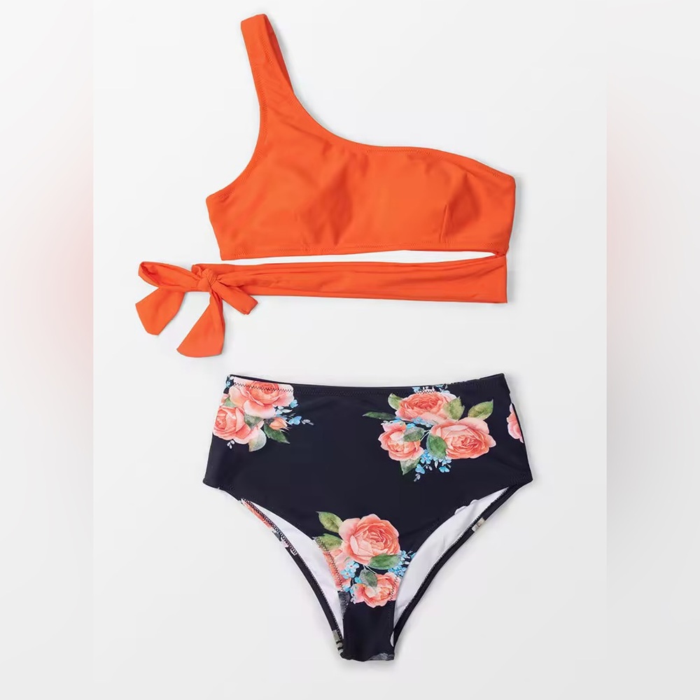 Super Cute One Shoulder Tied Bikini - Medium - Orange And Floral